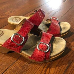 Dansko Red Snakeskin Two-Strap Sandals